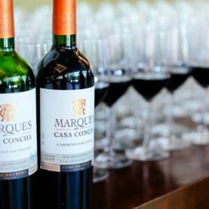 Close-up of Marques de Casa Concha wine bottles with filled wineglasses in a table setting.