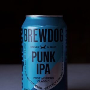 blue and white can on white table